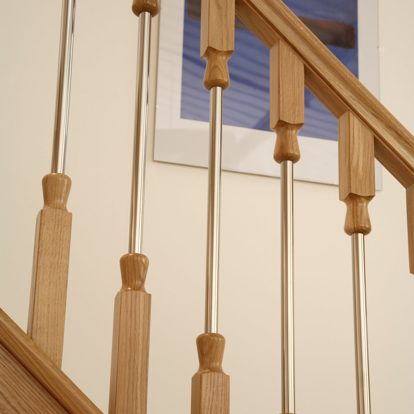 Ikon oak and brushed stainless steel staircase spindles